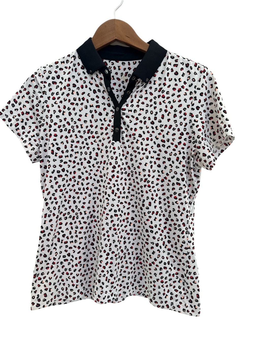 Tail Leopard Print Golf Polo Top in White, Black & Red Size Medium